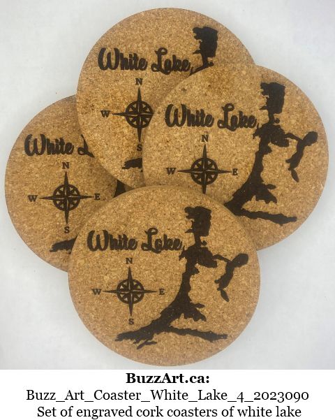 Set of engraved cork coasters of white lake
